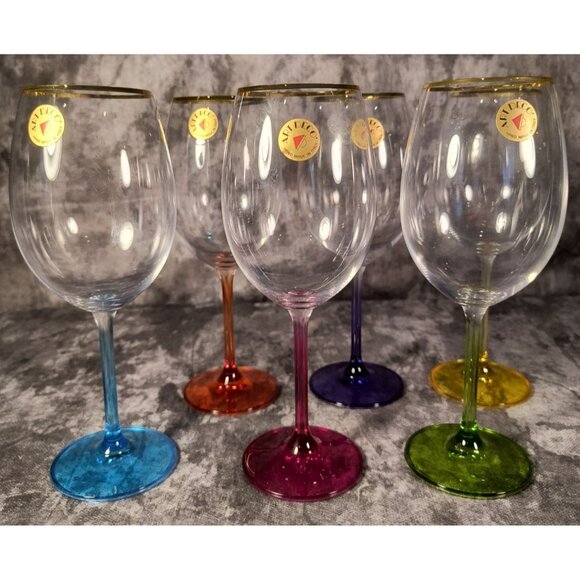 Italian Art Deco Brand 6 Handcrafted Multi Colored Base 24K Rim Wine Glasses